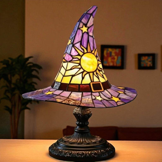 Faux Stained Glass Witch Hat Lamp for Halloween Decoration