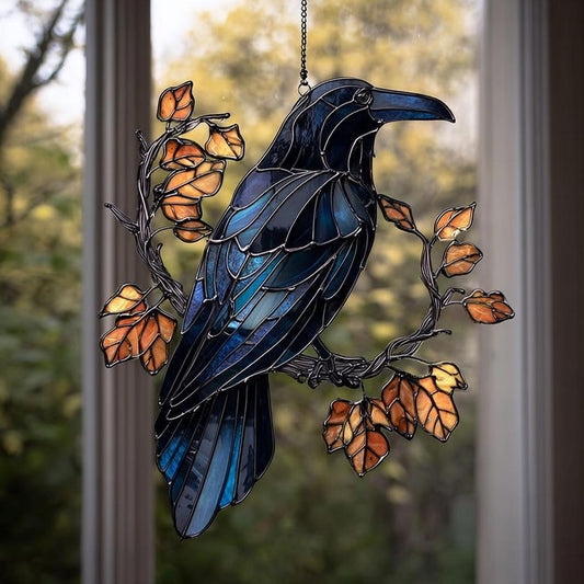 Black Raven on Branch Acrylic Suncatcher