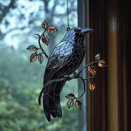 Black Raven on Branch 2 Halloween Acrylic Suncatcher
