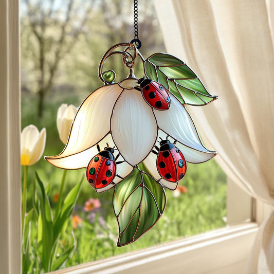 Stunning Ladybug on White Flower Acrylic Suncatcher