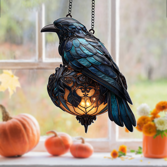 Halloween Raven Lantern Suncatcher, Spooky Gothic Window Hanging, Dark Academia Room Decor